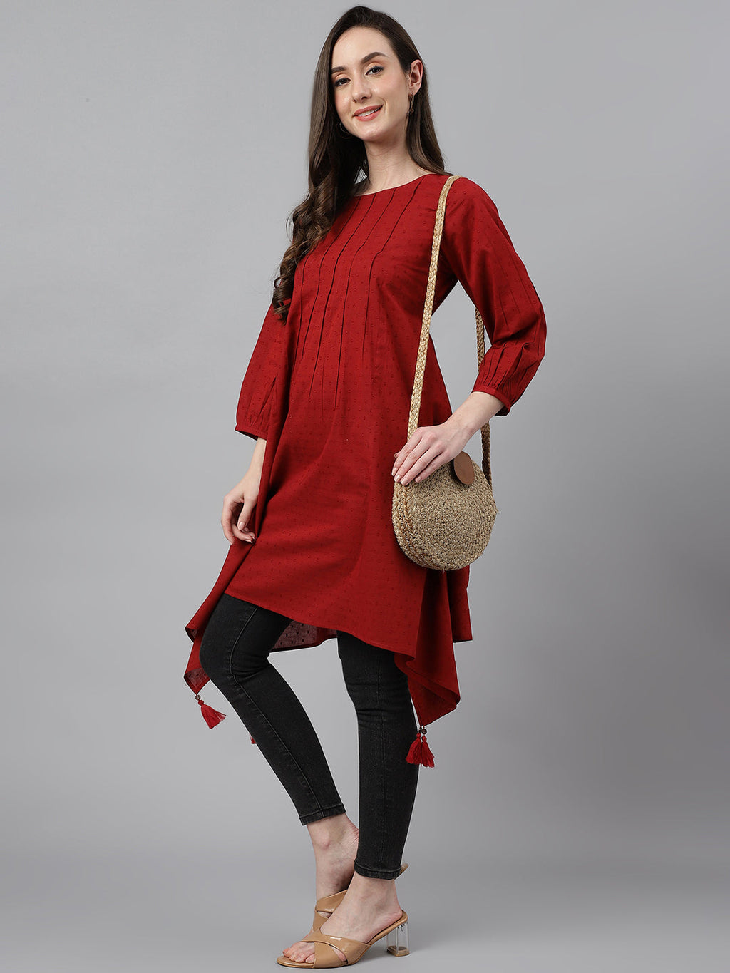 Janasya Women's Maroon Dobby Cotton Solid Handkerchief Tunic - Distacart