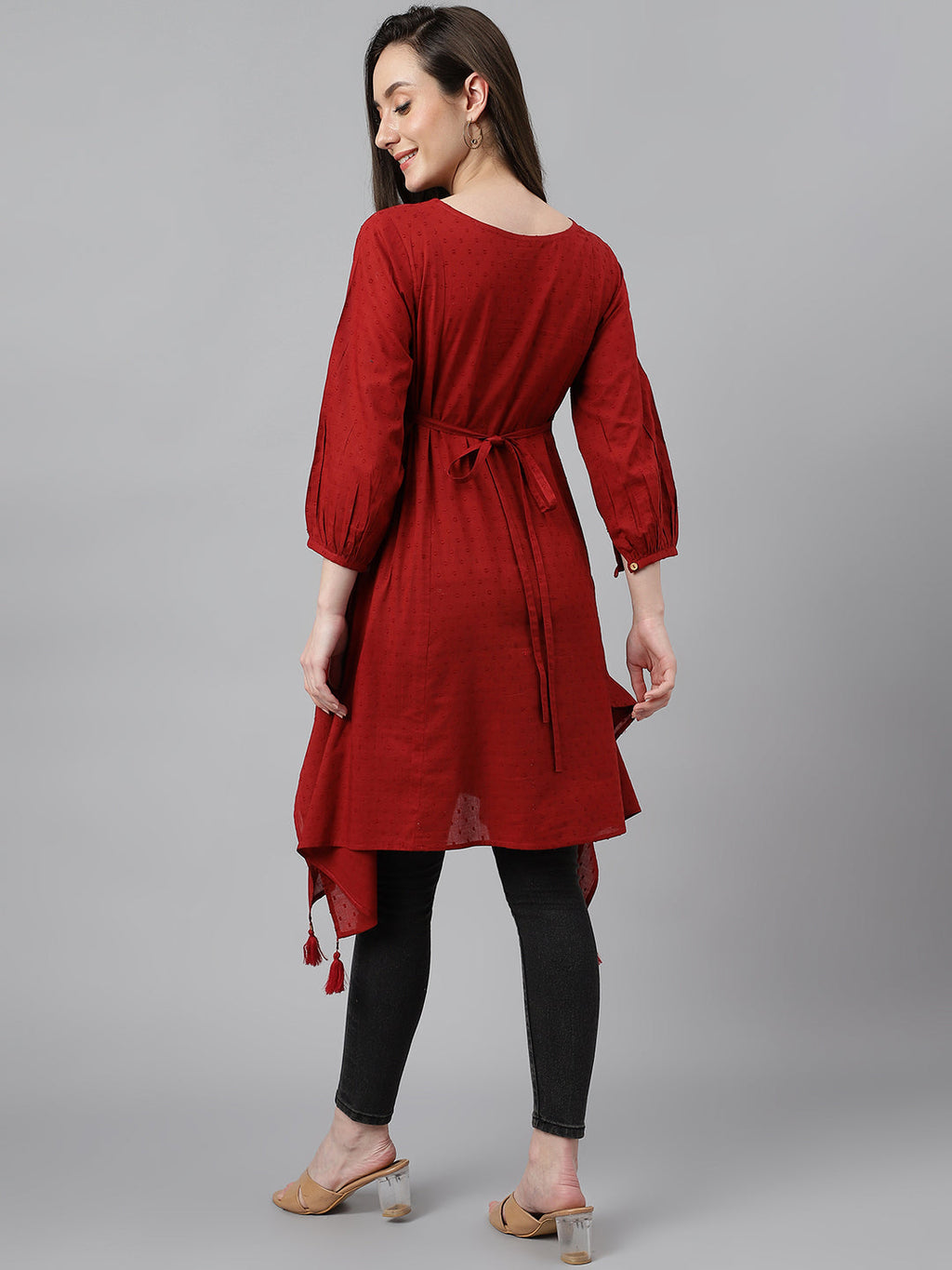 Janasya Women's Maroon Dobby Cotton Solid Handkerchief Tunic - Distacart