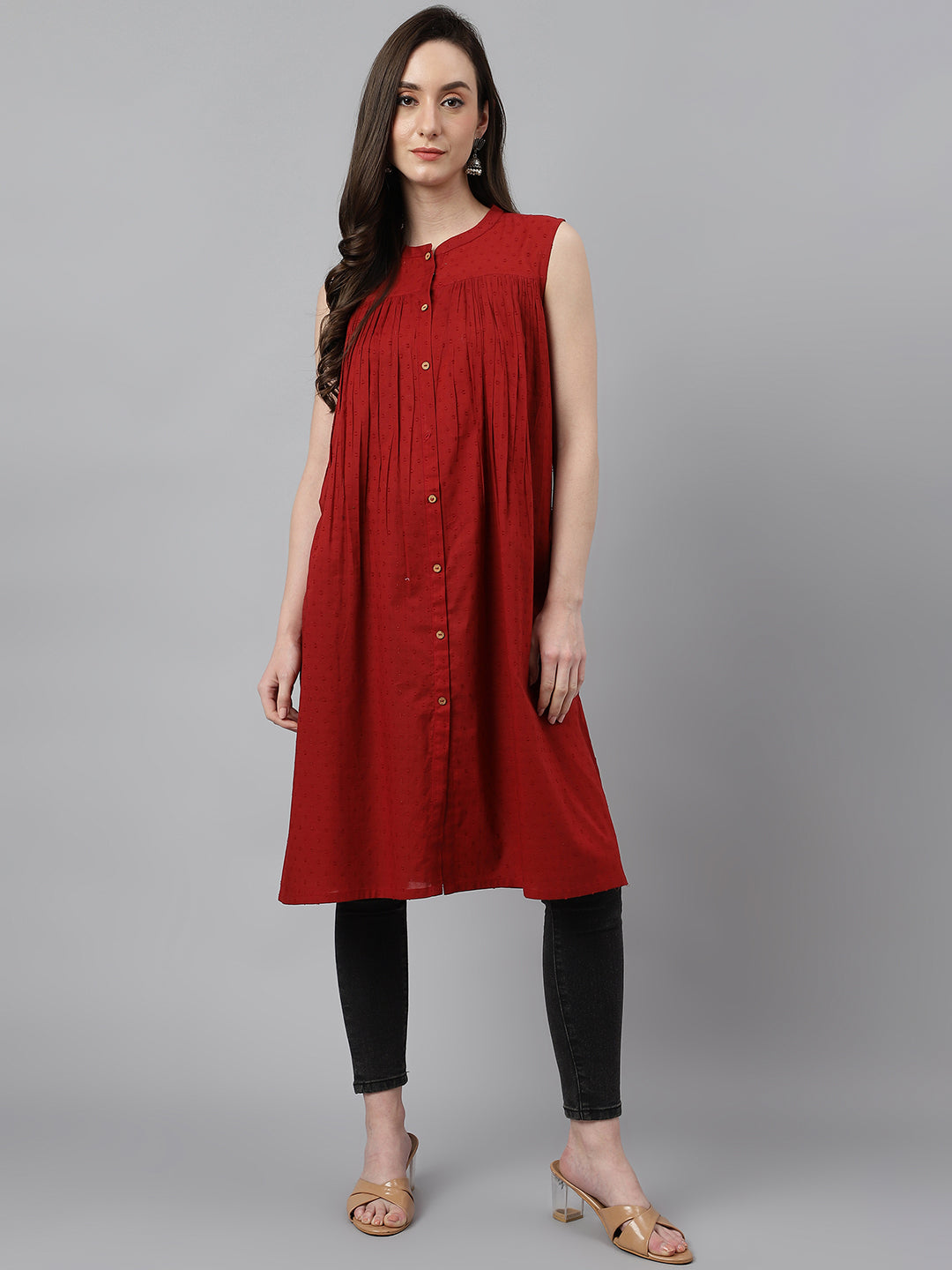 Janasya Women's Maroon Dobby Cotton Solid Casual Gathered Tunic
