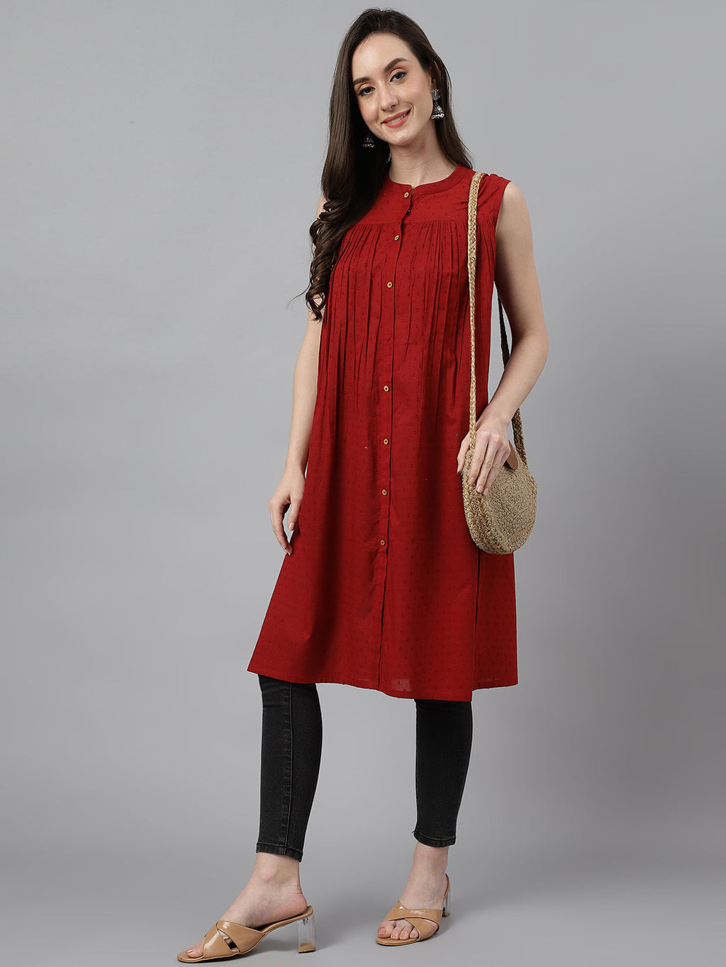 Janasya Women's Maroon Dobby Cotton Solid Casual Gathered Tunic