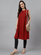 Janasya Women's Maroon Dobby Cotton Solid Casual Gathered Tunic