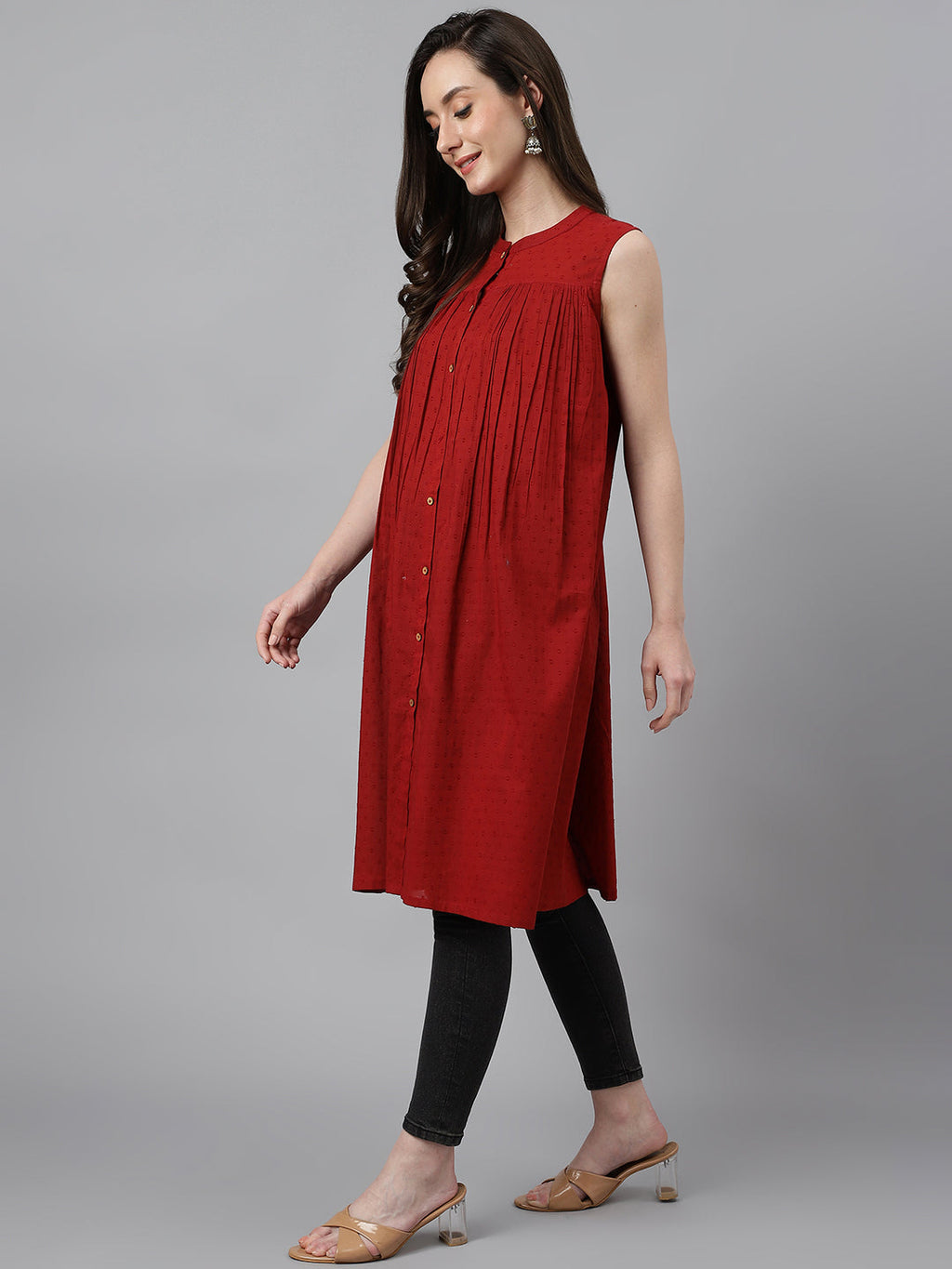 Janasya Women's Maroon Dobby Cotton Solid Casual Gathered Tunic