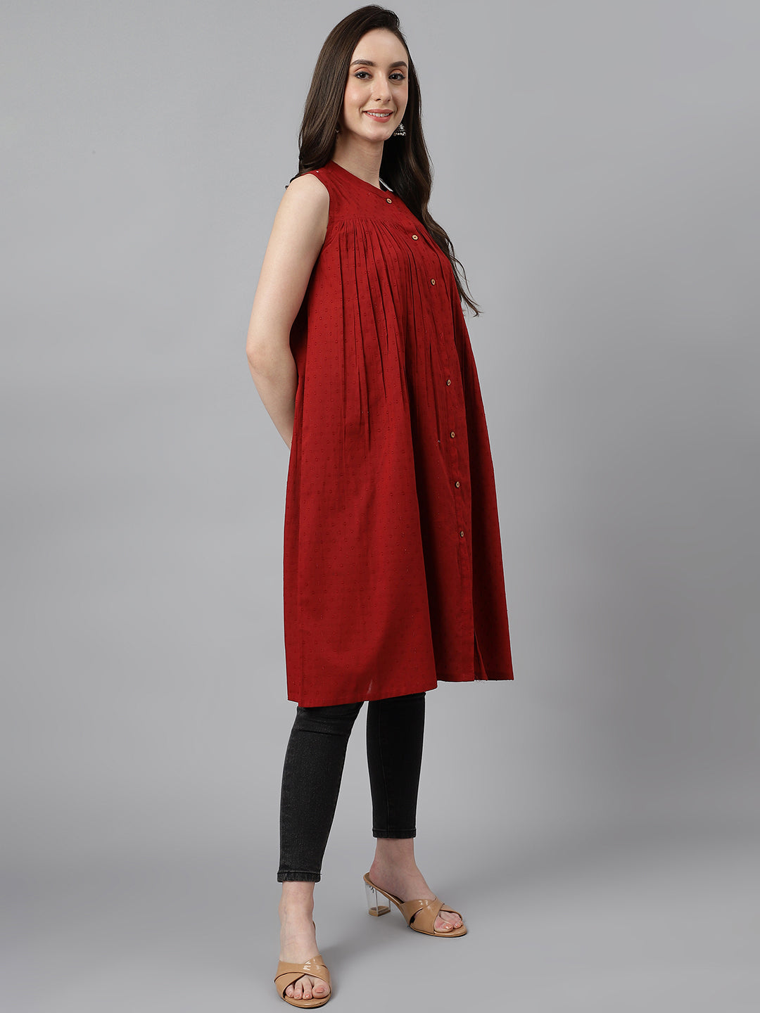 Janasya Women's Maroon Dobby Cotton Solid Casual Gathered Tunic