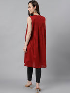 Janasya Women's Maroon Dobby Cotton Solid Casual Gathered Tunic