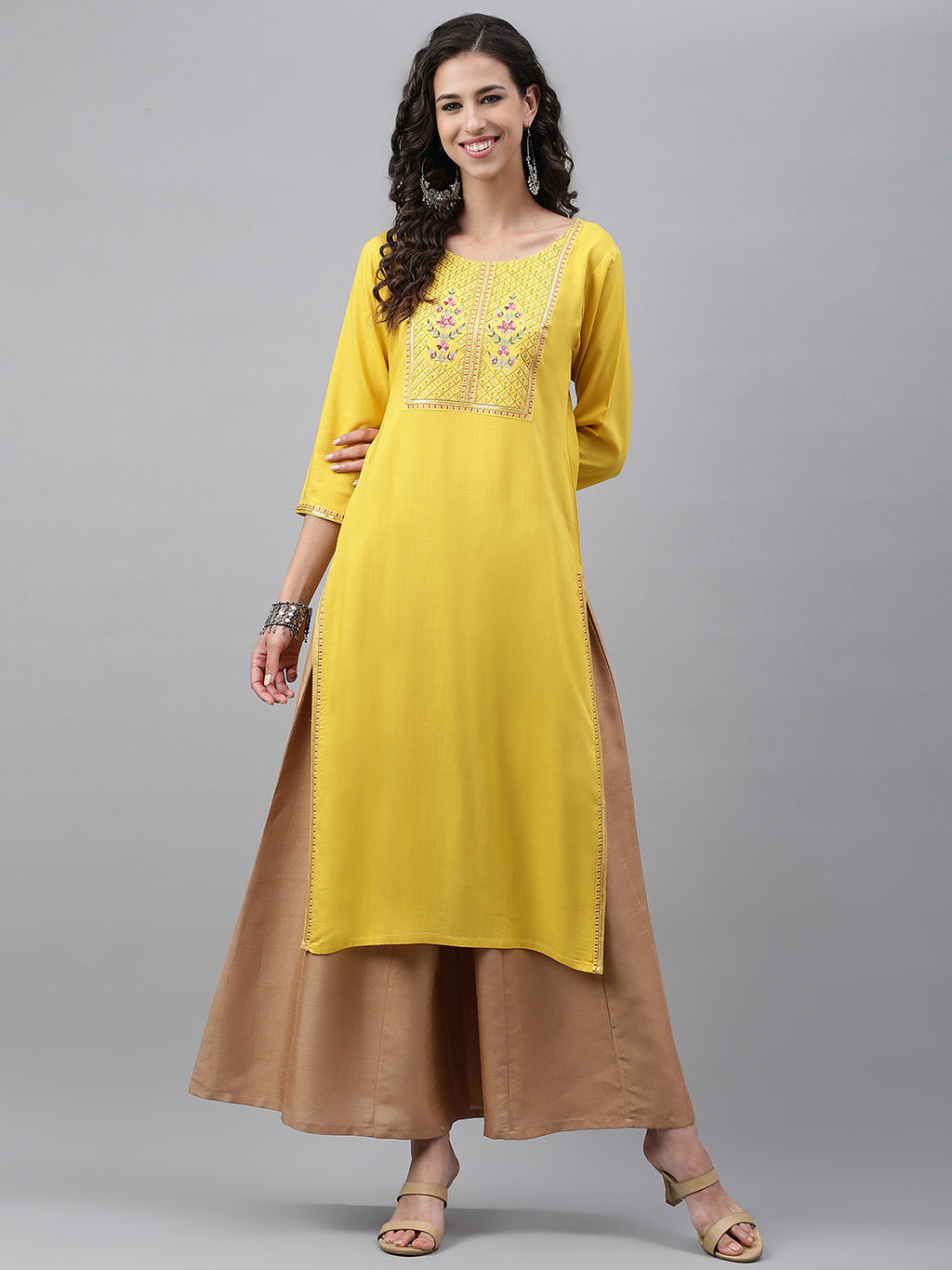 Janasya Women's Mustard Poly Rayon Solid Casual Straight Kurta