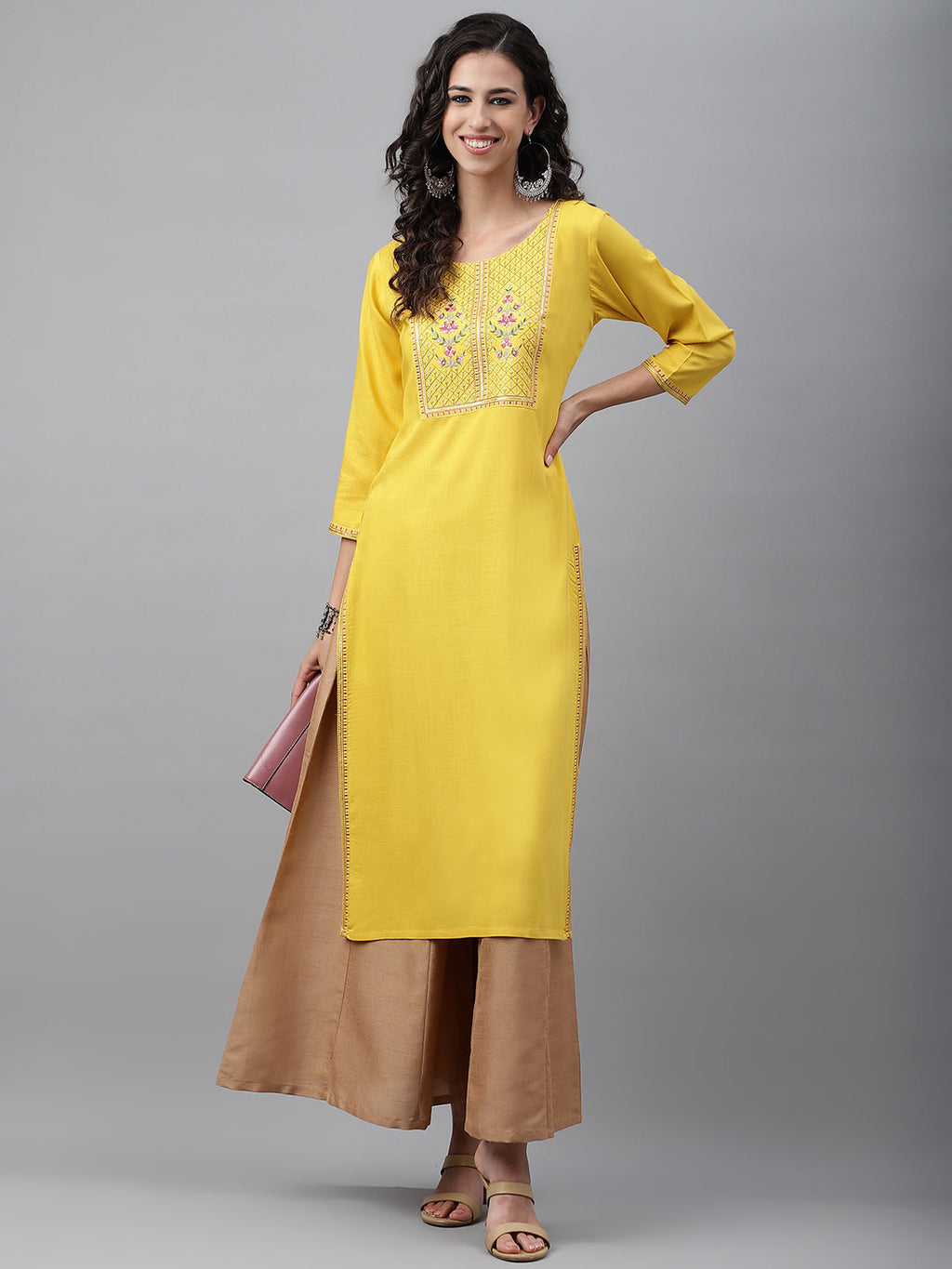 Janasya Women's Mustard Poly Rayon Solid Casual Straight Kurta