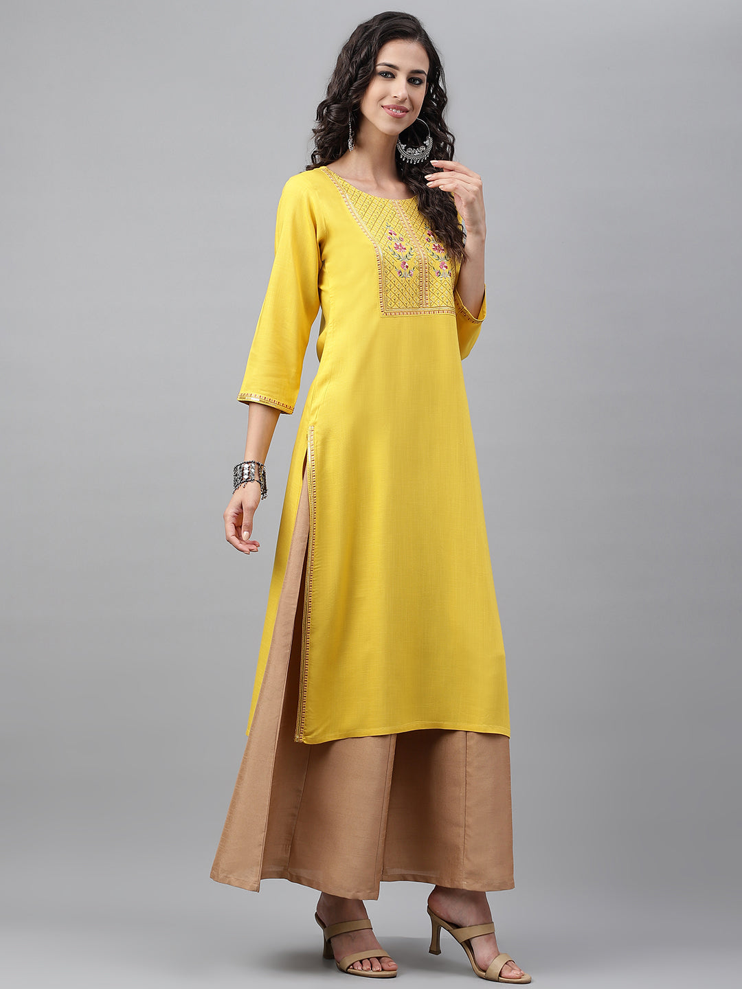 Janasya Women's Mustard Poly Rayon Solid Casual Straight Kurta