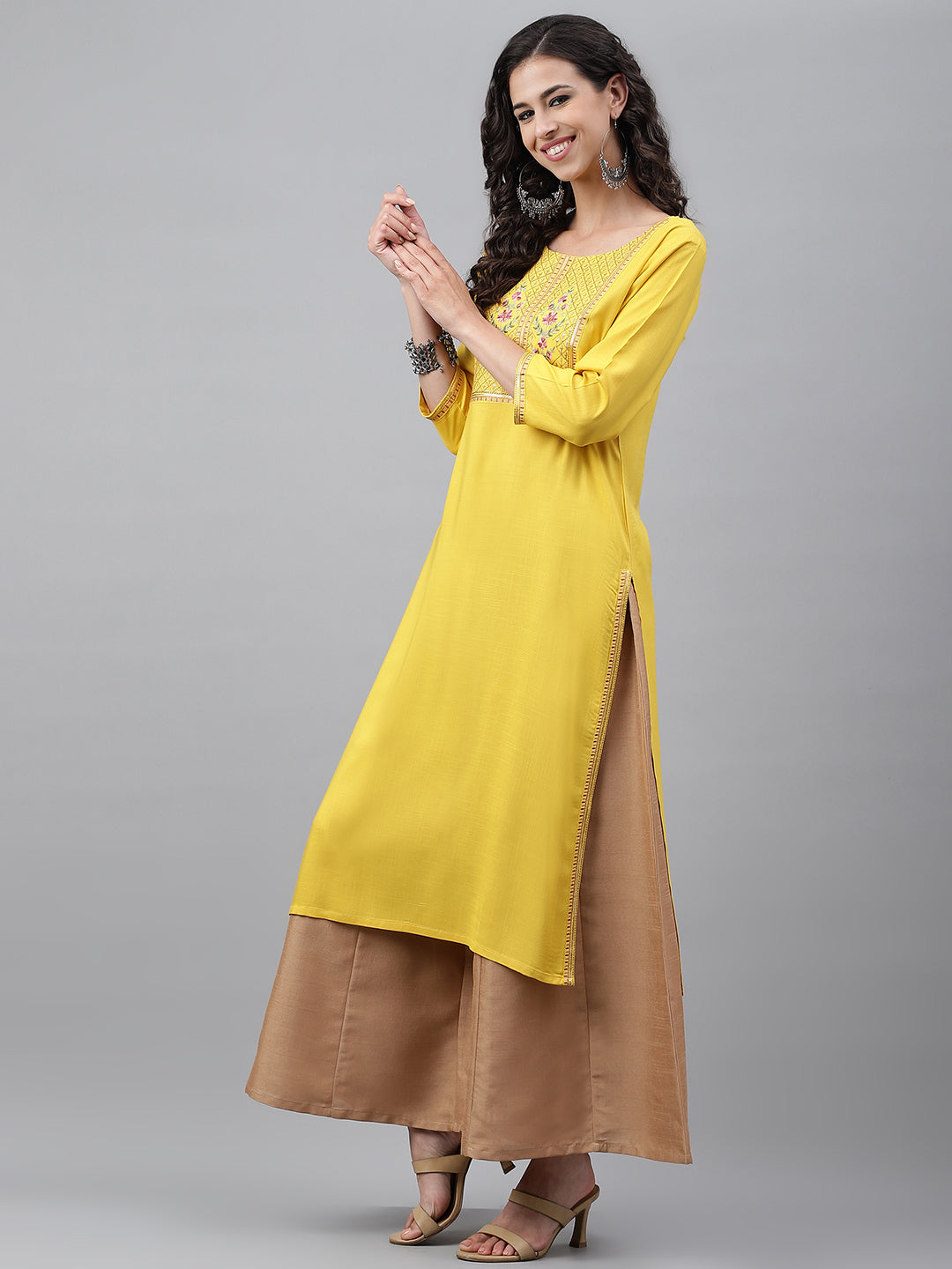 Janasya Women's Mustard Poly Rayon Solid Casual Straight Kurta
