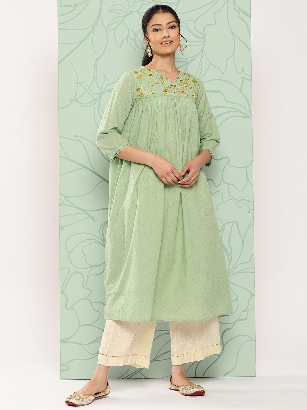 Janasya Women's Sage Green Dobby Cotton Solid Casual Empire Kurta