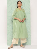 Janasya Women's Sage Green Dobby Cotton Solid Casual Empire Kurta