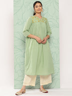 Janasya Women's Sage Green Dobby Cotton Solid Casual Empire Kurta