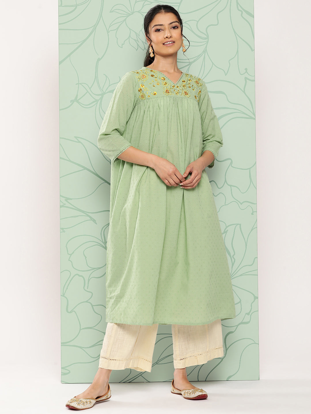 Janasya Women's Sage Green Dobby Cotton Solid Casual Empire Kurta