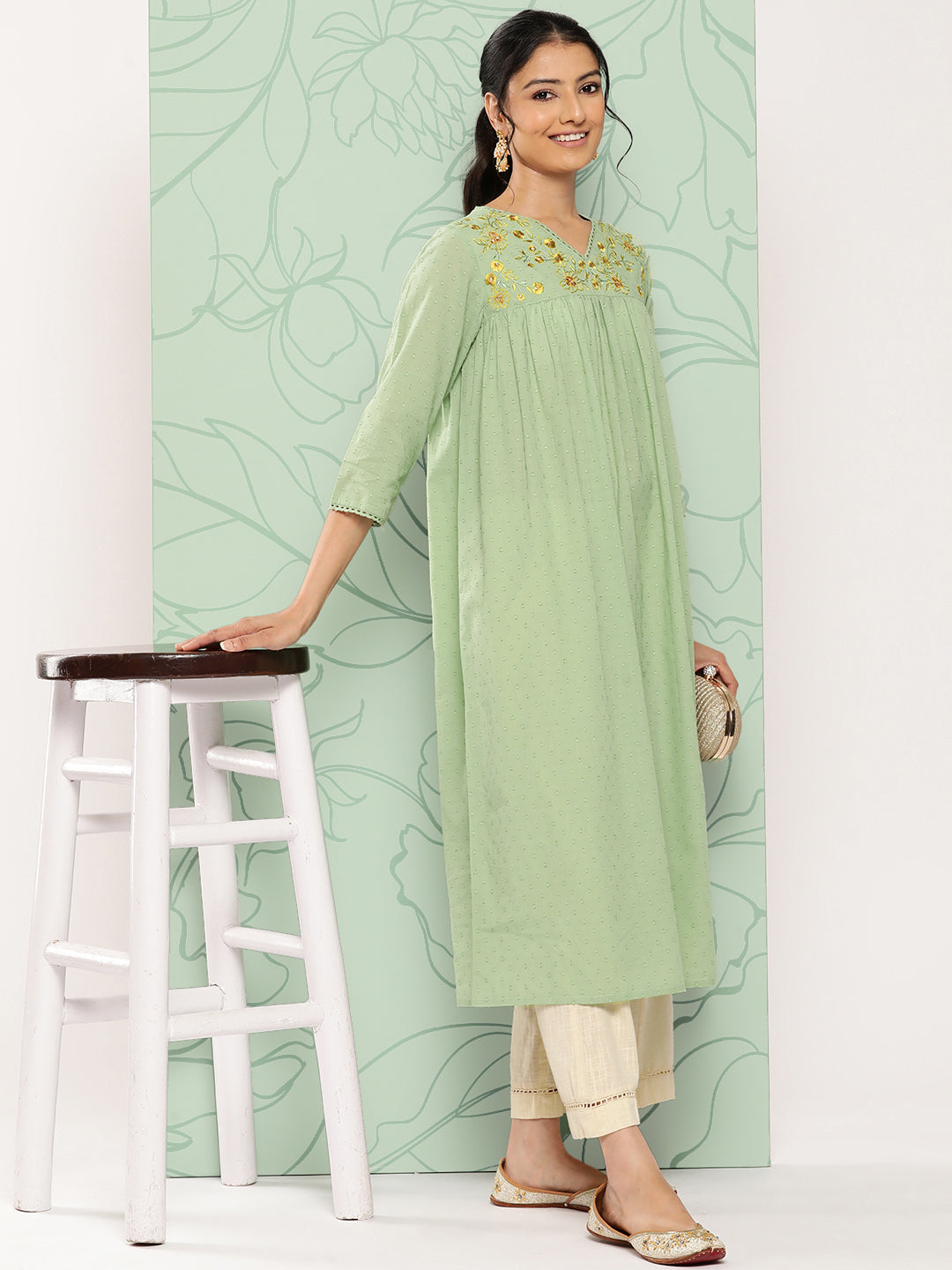 Janasya Women's Sage Green Dobby Cotton Solid Casual Empire Kurta
