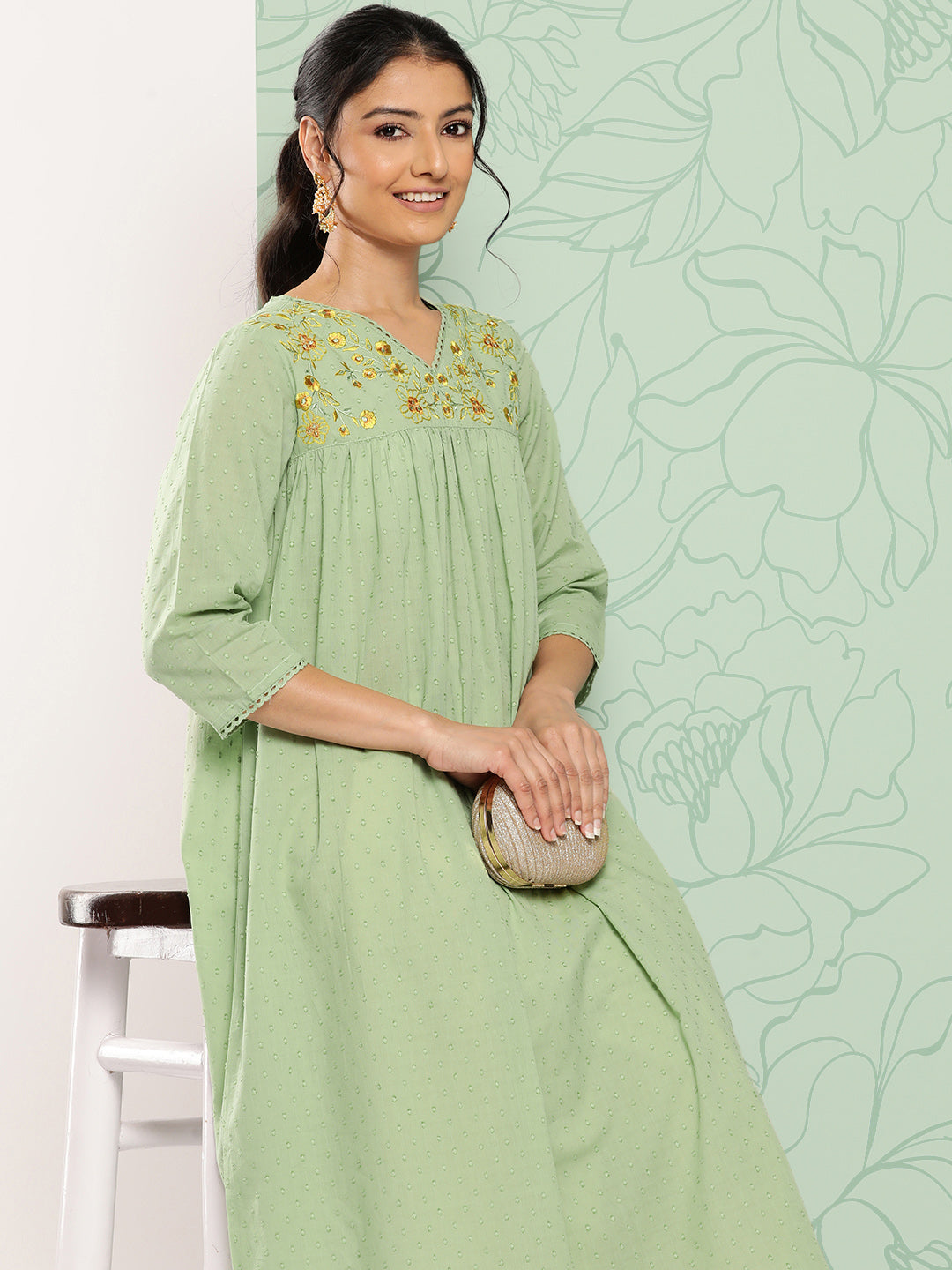 Janasya Women's Sage Green Dobby Cotton Solid Casual Empire Kurta