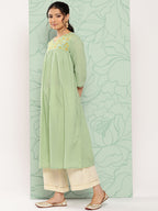 Janasya Women's Sage Green Dobby Cotton Solid Casual Empire Kurta