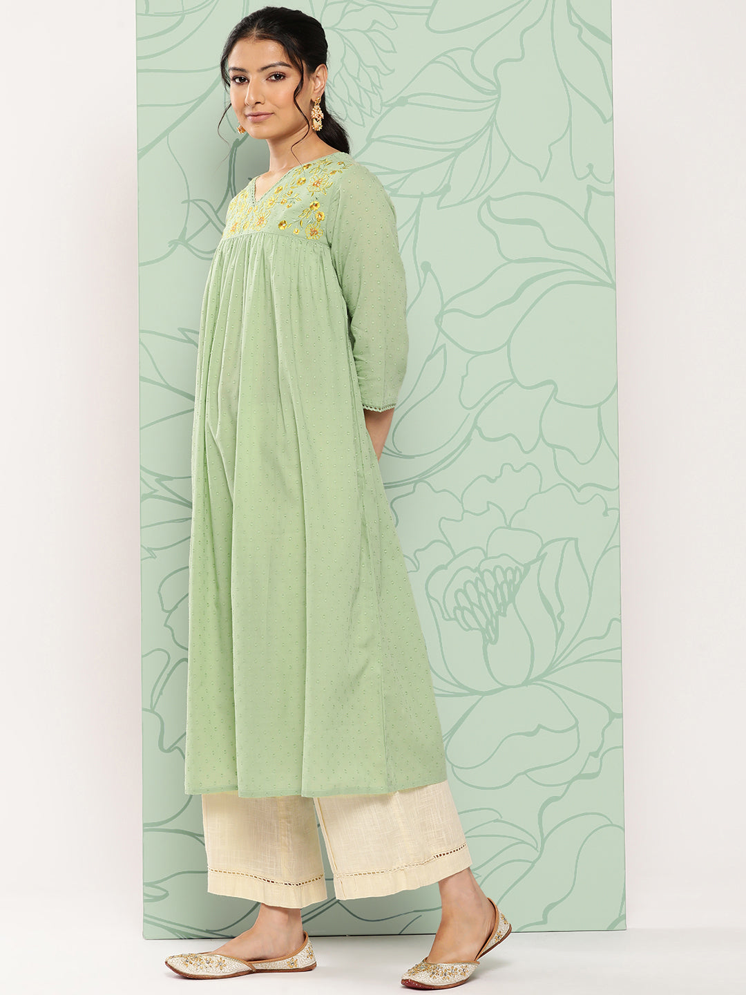 Janasya Women's Sage Green Dobby Cotton Solid Casual Empire Kurta