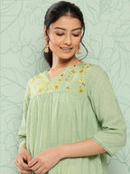 Janasya Women's Sage Green Dobby Cotton Solid Casual Empire Kurta