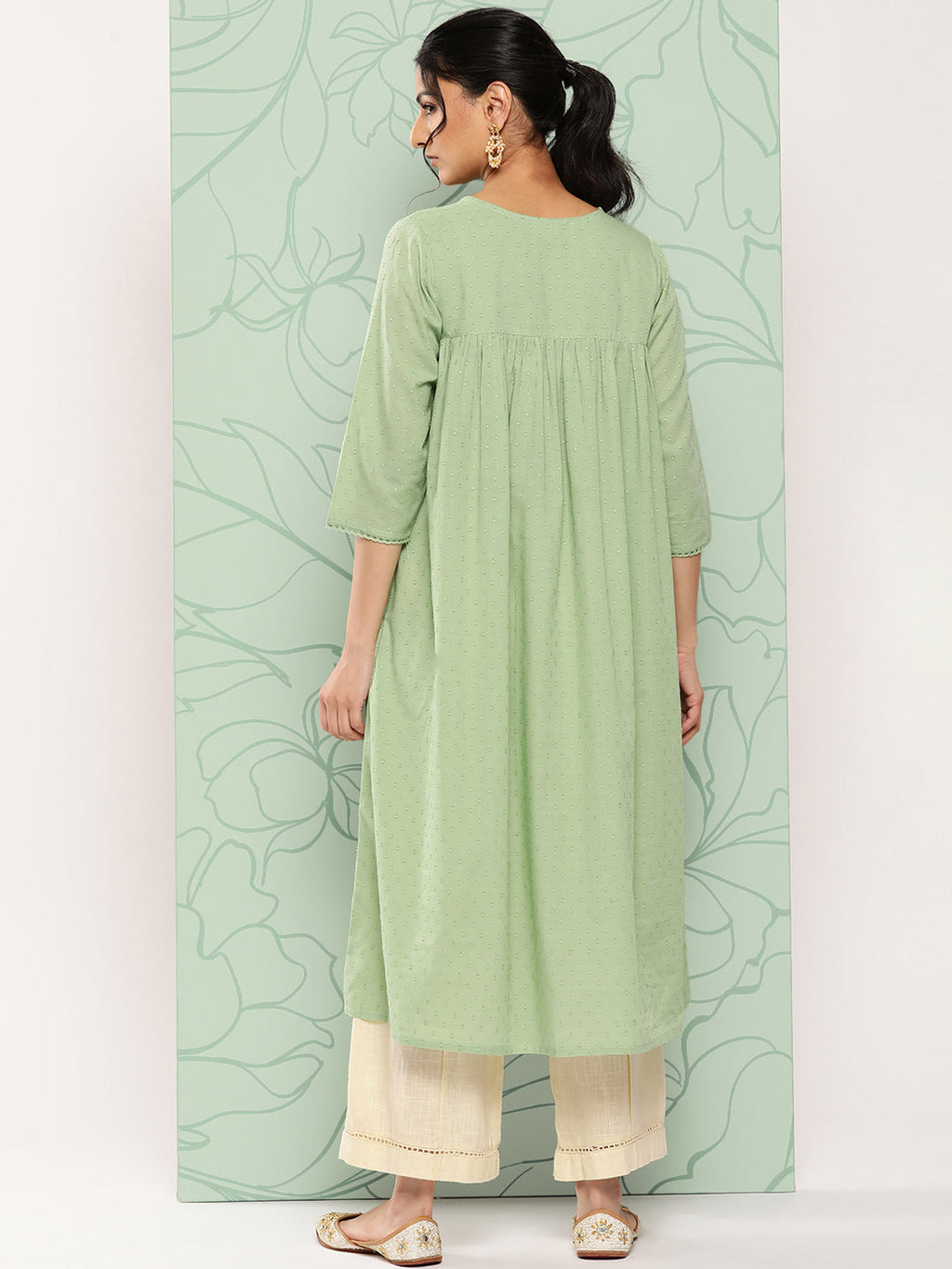 Janasya Women's Sage Green Dobby Cotton Solid Casual Empire Kurta
