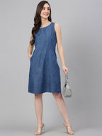 Janasya Women's Blue Denim Solid Straight Western Dress - Distacart