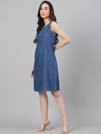 Janasya Women's Blue Denim Solid Straight Western Dress - Distacart