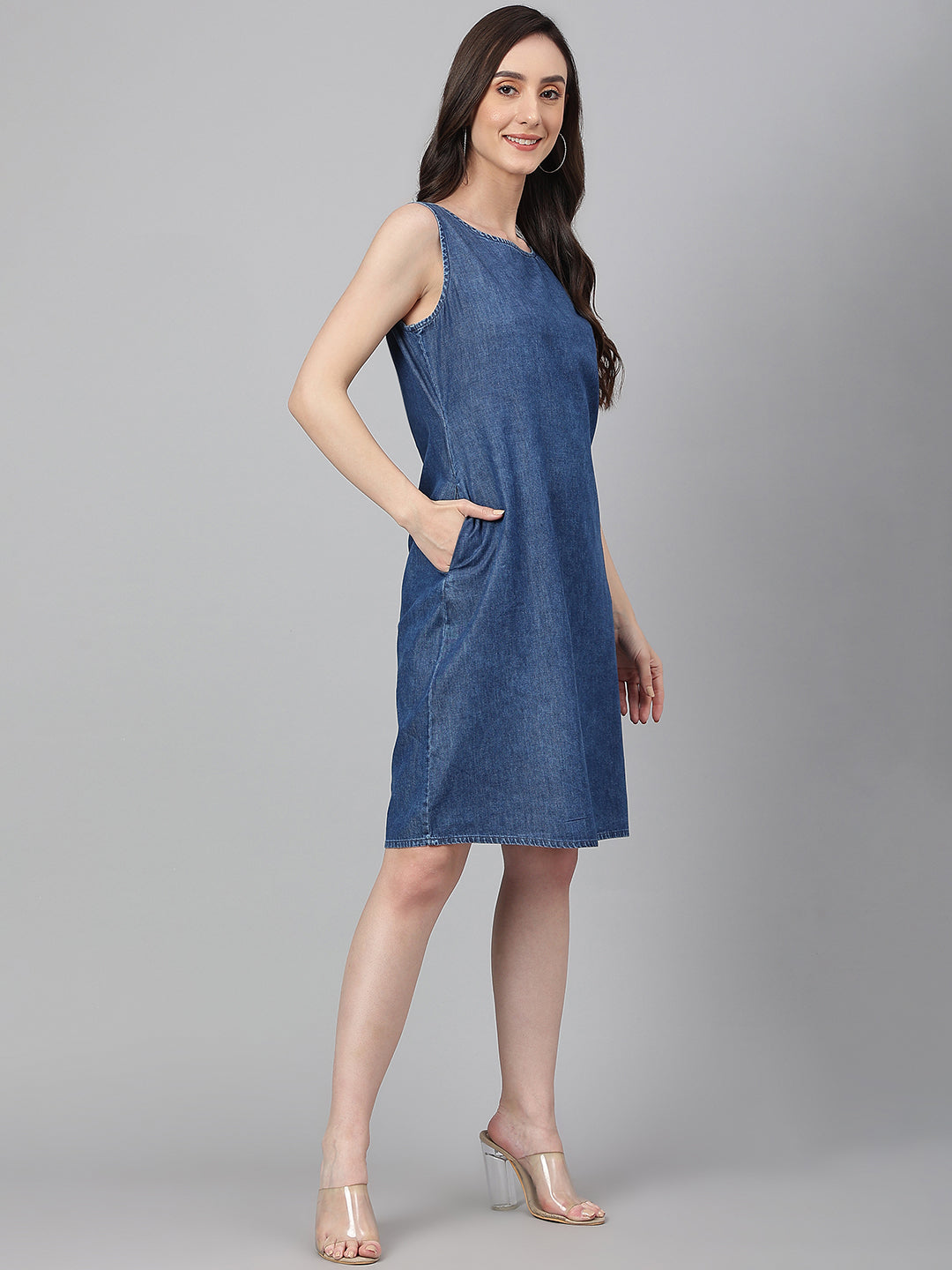 Janasya Women's Blue Denim Solid Straight Western Dress - Distacart