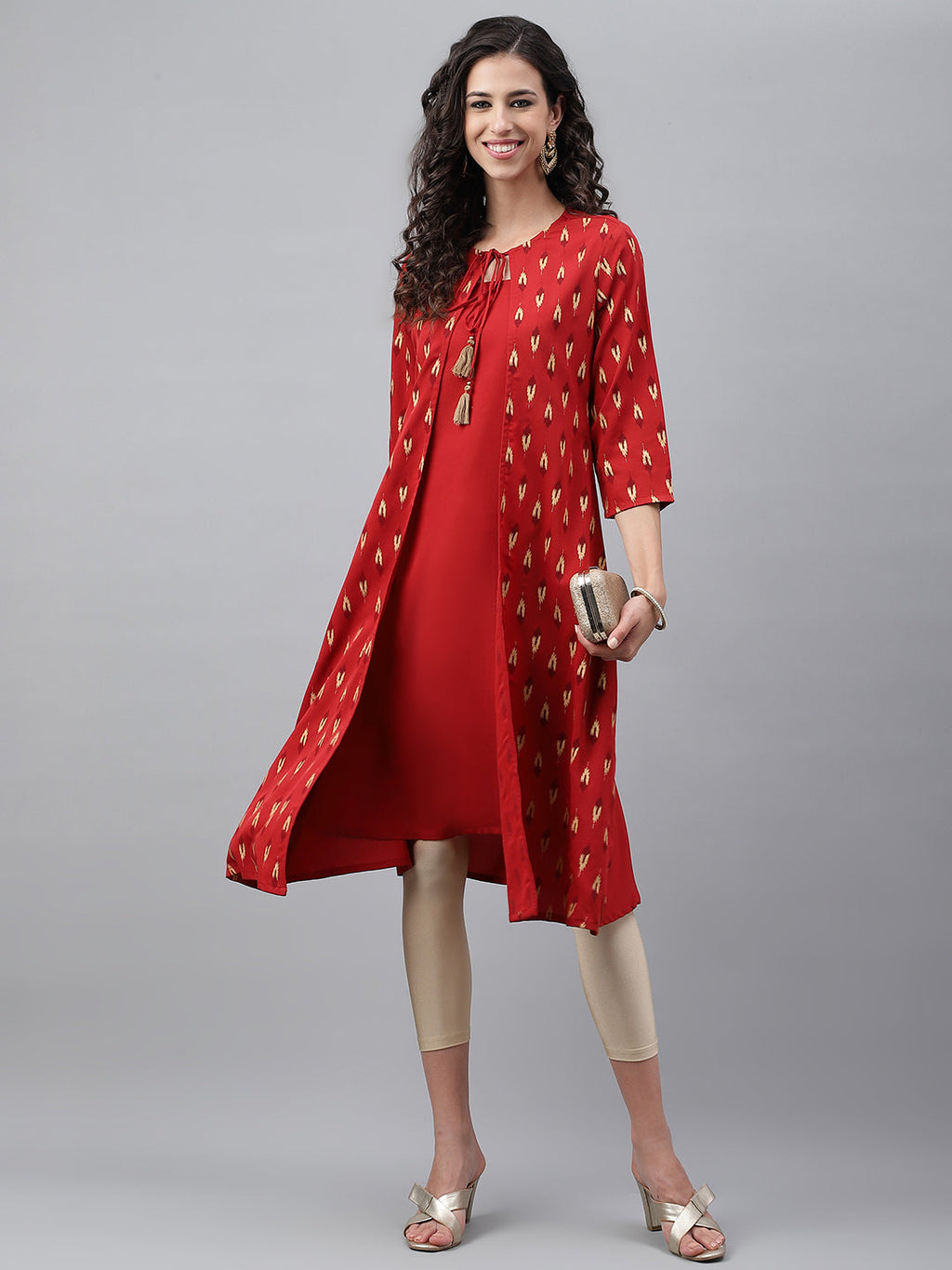 Janasya Women's Red Crepe Ikat Printed Festive Jacket Style Kurta