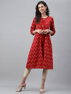 Janasya Women's Red Crepe Ikat Printed Festive Jacket Style Kurta
