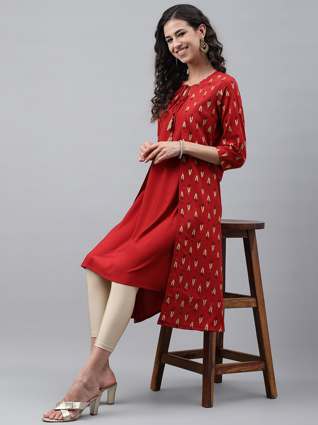 Janasya Women's Red Crepe Ikat Printed Festive Jacket Style Kurta