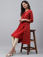 Janasya Women's Red Crepe Ikat Printed Festive Jacket Style Kurta