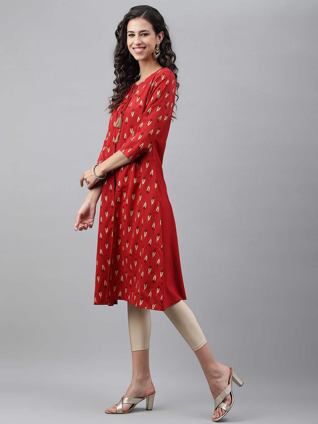 Janasya Women's Red Crepe Ikat Printed Festive Jacket Style Kurta