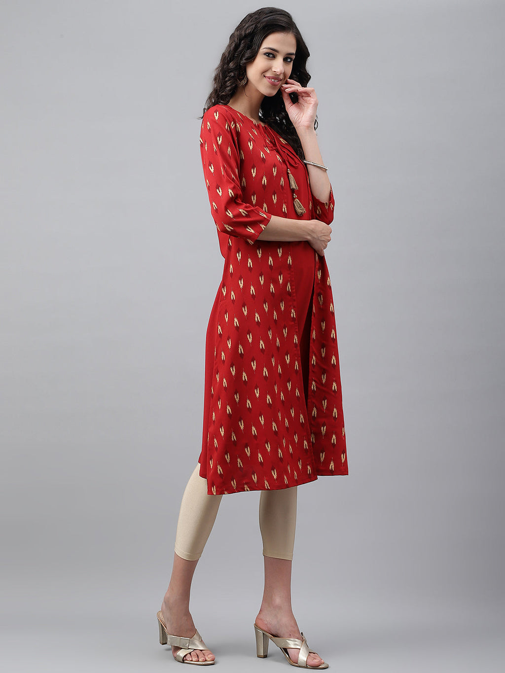Janasya Women's Red Crepe Ikat Printed Festive Jacket Style Kurta