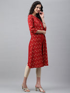 Janasya Women's Red Crepe Ikat Printed Festive Jacket Style Kurta