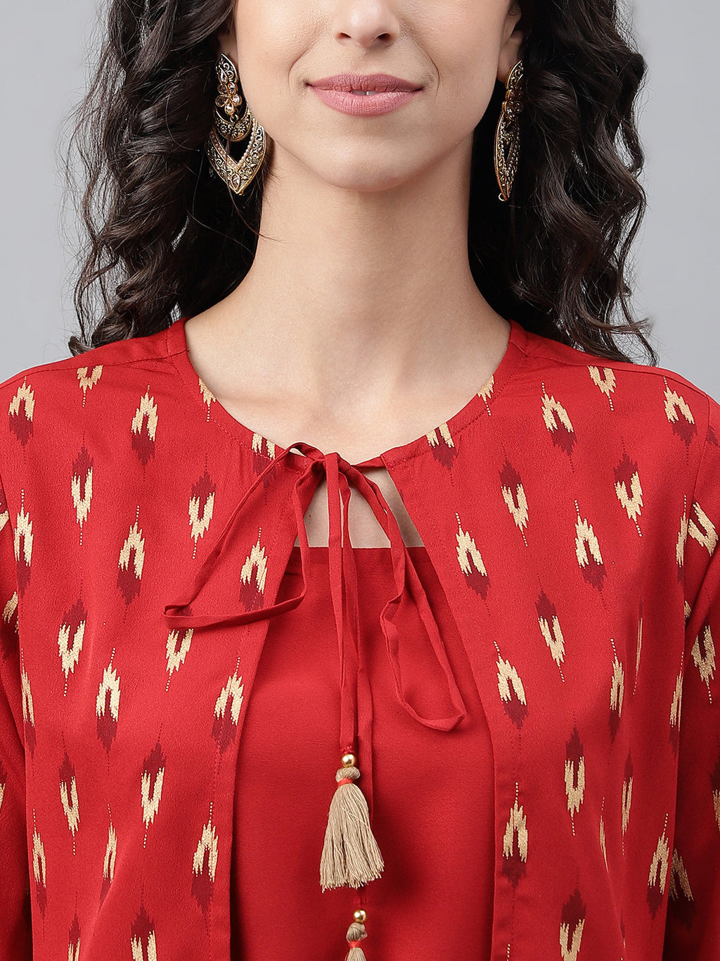 Janasya Women's Red Crepe Ikat Printed Festive Jacket Style Kurta