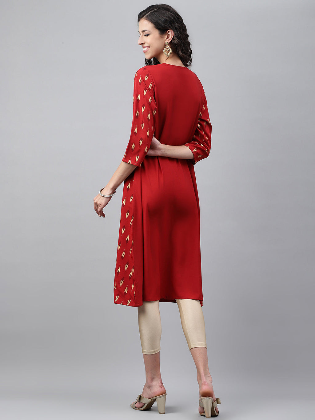 Janasya Women's Red Crepe Ikat Printed Festive Jacket Style Kurta