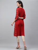 Janasya Women's Red Crepe Ikat Printed Festive Jacket Style Kurta