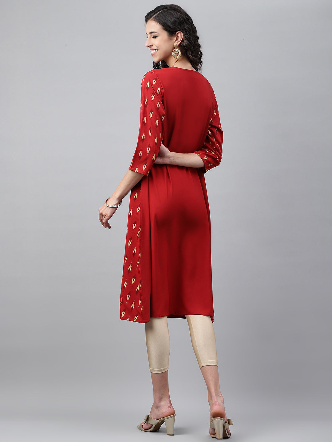 Janasya Women's Red Crepe Ikat Printed Festive Jacket Style Kurta