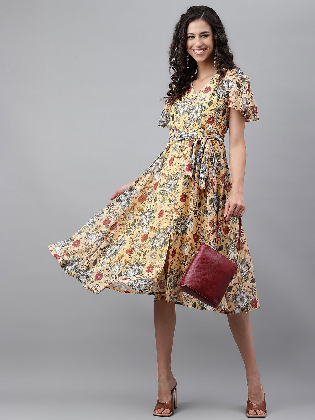 Janasya Women's Yellow Georgette Digital Printed Flared Casual Dress - Distacart