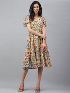 Janasya Women's Yellow Georgette Digital Printed Flared Casual Dress - Distacart