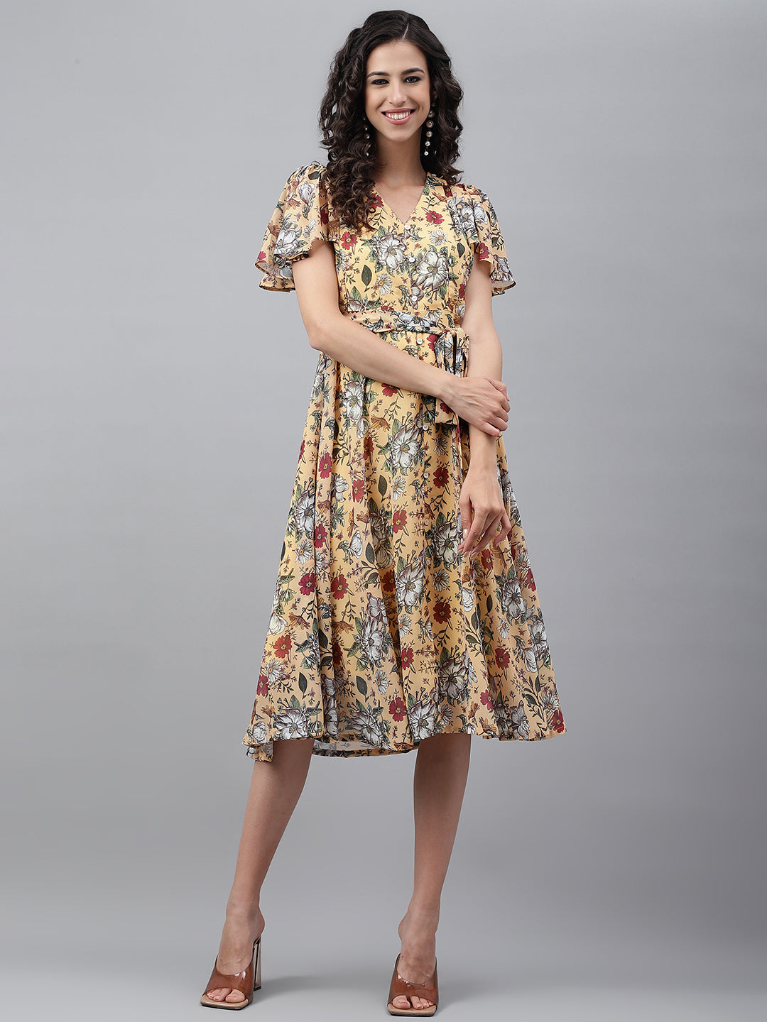 Janasya Women's Yellow Georgette Digital Printed Flared Casual Dress - Distacart