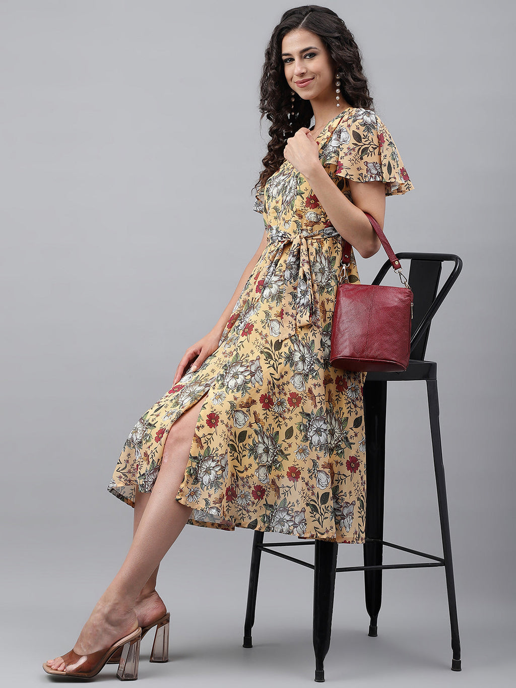 Janasya Women's Yellow Georgette Digital Printed Flared Casual Dress - Distacart