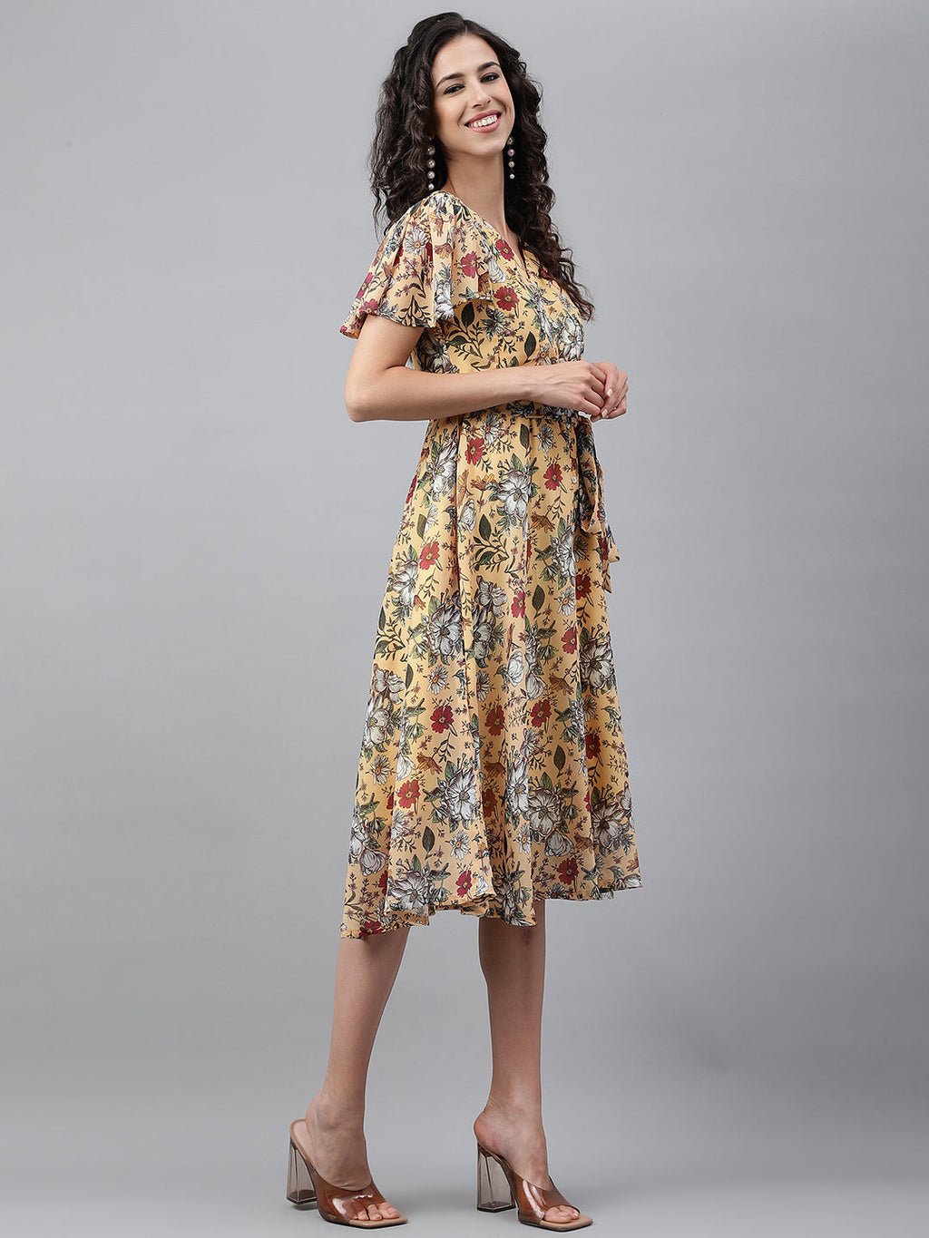 Janasya Women's Yellow Georgette Digital Printed Flared Casual Dress - Distacart