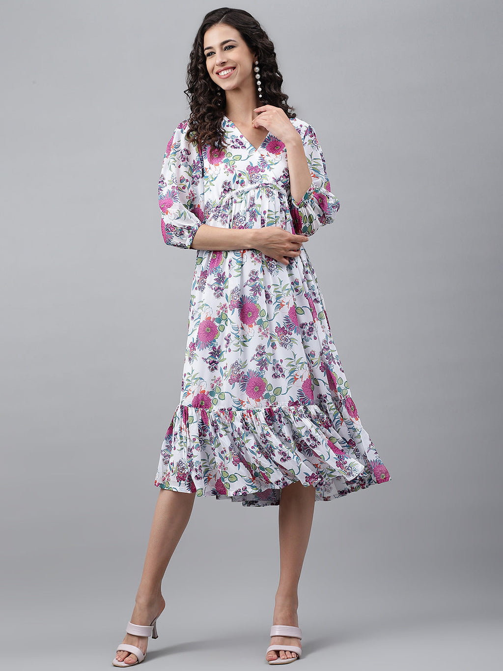 Janasya Women's White Georgette Digital Printed Flared Casual Dress - Distacart