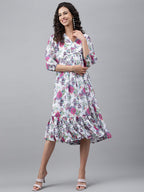 Janasya Women's White Georgette Digital Printed Flared Casual Dress - Distacart