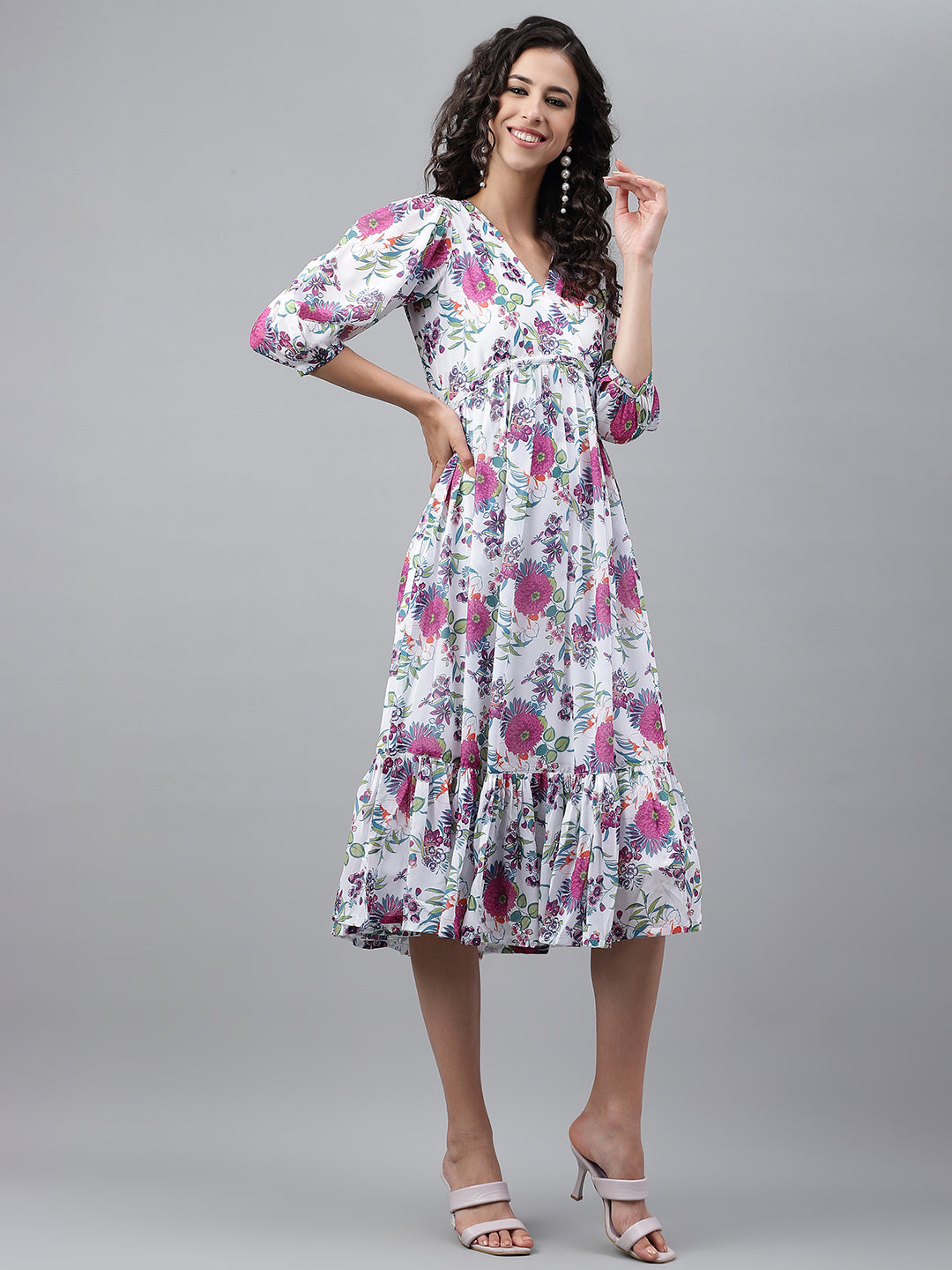 Janasya Women's White Georgette Digital Printed Flared Casual Dress - Distacart