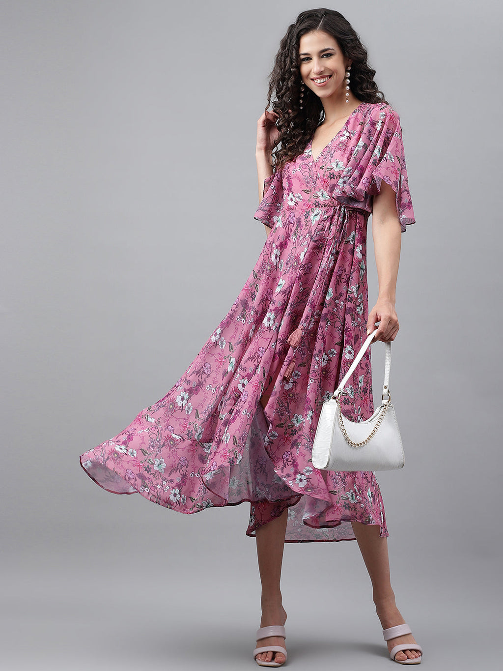 Janasya Women's Pink Georgette Digital Printed Wrap Casual Dress - Distacart