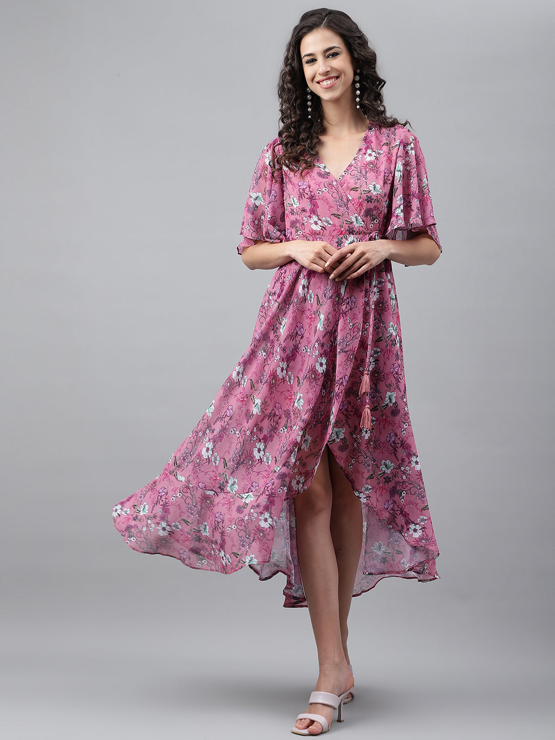 Janasya Women's Pink Georgette Digital Printed Wrap Casual Dress - Distacart