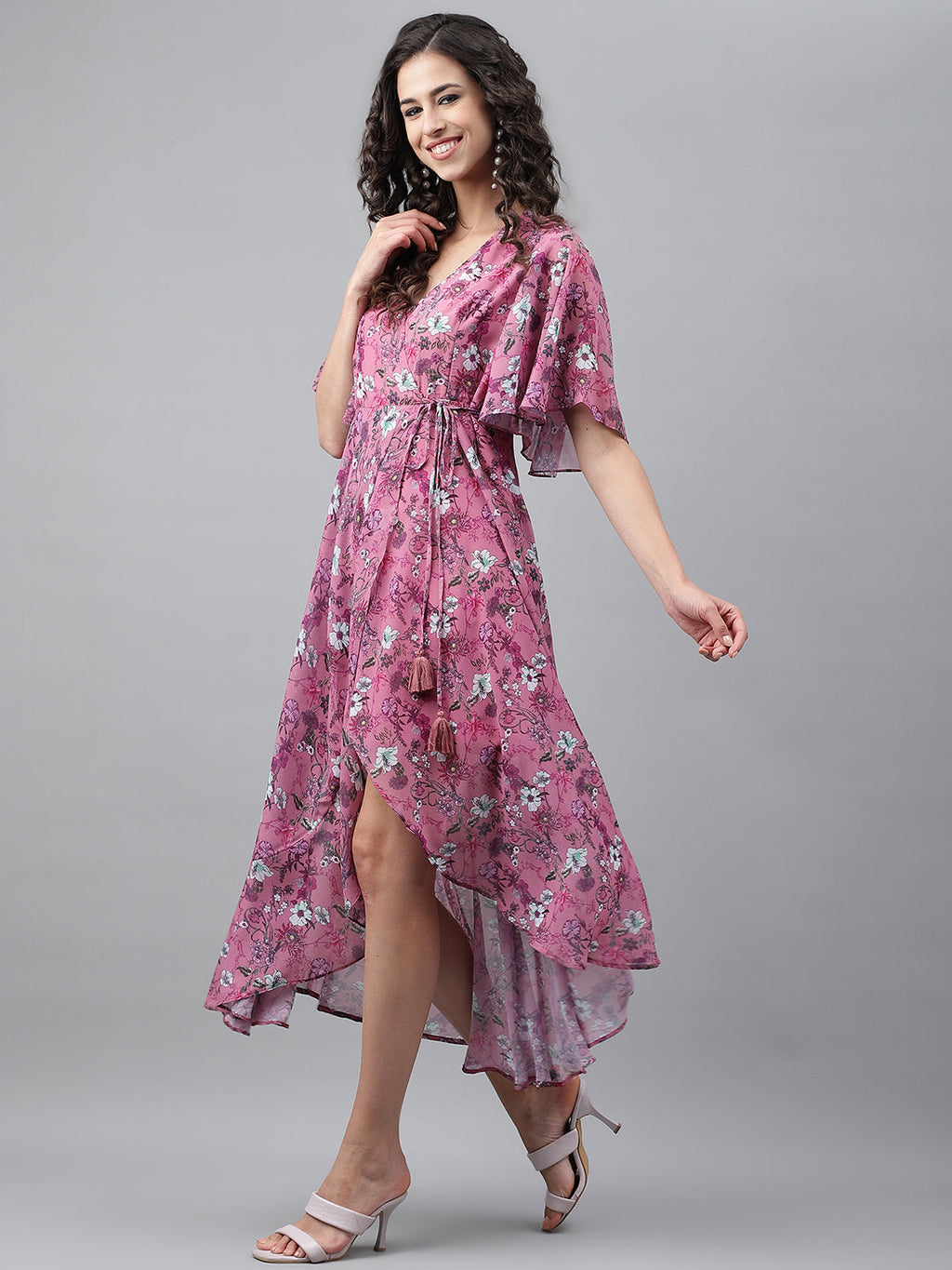 Janasya Women's Pink Georgette Digital Printed Wrap Casual Dress - Distacart