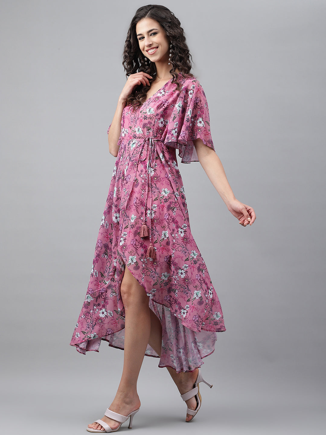 Janasya Women's Pink Georgette Digital Printed Wrap Casual Dress - Distacart