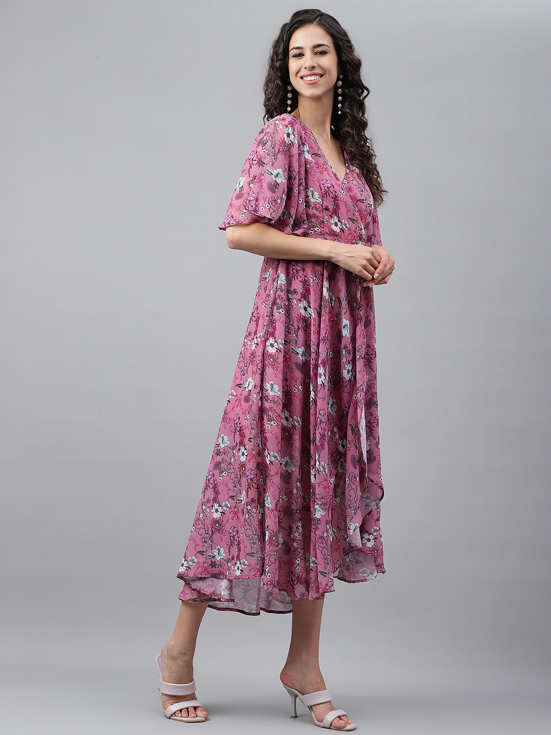 Janasya Women's Pink Georgette Digital Printed Wrap Casual Dress - Distacart