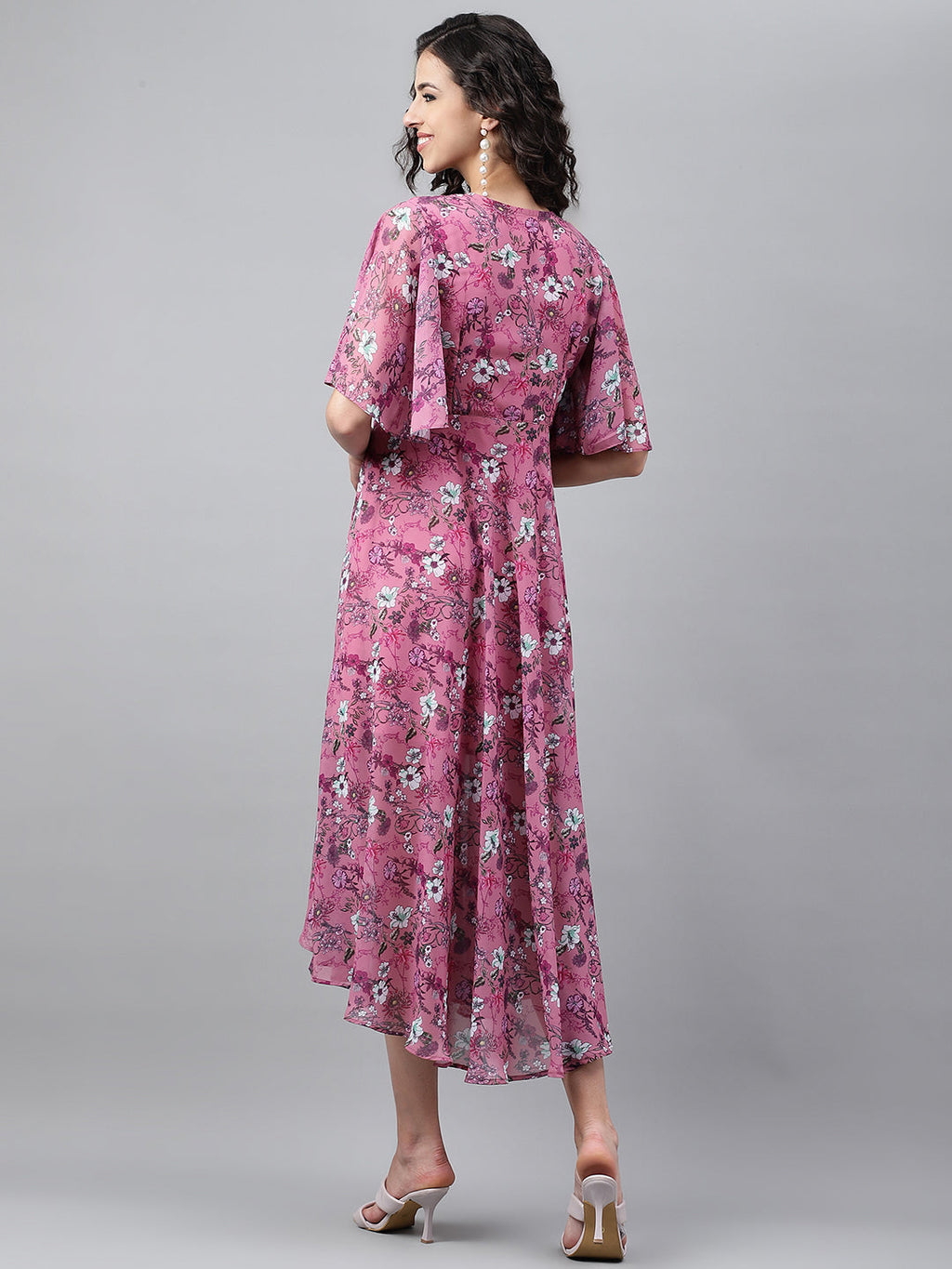 Janasya Women's Pink Georgette Digital Printed Wrap Casual Dress - Distacart